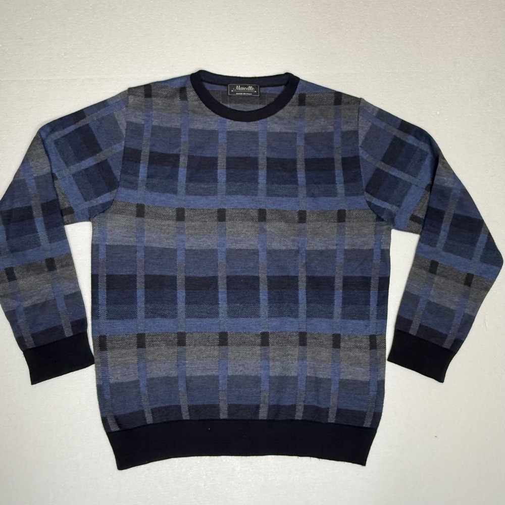 Marcello Men's Plaid Crew Neck‎ Sweater Merino Wool Blend Blue Grey Size M